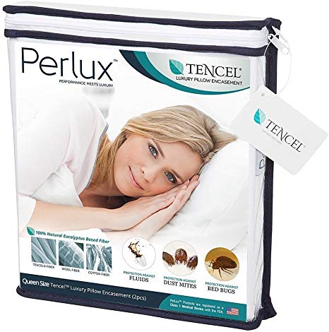 Queen Size Perlux Hypoallergenic Tencel 100% Waterproof Pillow Encasement - Vinyl, PVC, Phthalate and Pesticide Free - Includes Set of Two