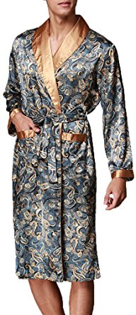 FLYCHEN Men's Shawl Collar Kimono Robe Satin Floral Bath Sleepwear