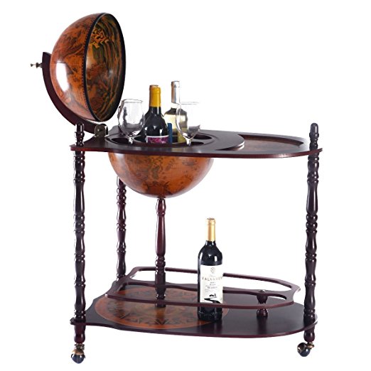 Goplus 34" Wood Globe Wine Bar Stand 16th Century Italian Rack Bigger Shelf for More Liquor Bottle
