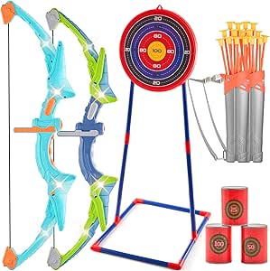 VEVOR Bow and Arrow Set for Kids, 2 Pack LED Light Up Archery Set with 20 Suction Cup Arrows, Indoor Outdoor Toy for Boys Girls Age 4-8 8-12 with Standing Target & 2 Quivers, Ideal Gift for kids