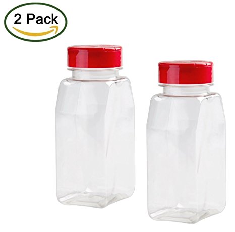 2 Pack - 16 OZ Clear Plastic Spice Bottles Jars Containers - Flap Cap, Pour and Sifter Shaker, Refillable. Perfect For Storing and Dispensing Herbs and Spices - BPA Free