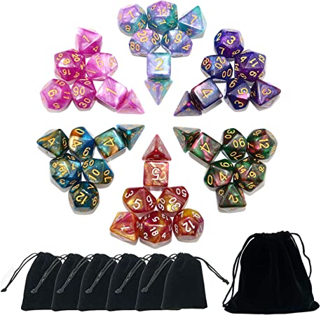 SmartDealsPro 6 x 7PCS(42 Pieces) Glitter Polyhedral Dice Sets with Pouches for DND RPG MTG Dungeon and Dragons Table Board Roll Playing Games D4 D8 D10 D12 D20