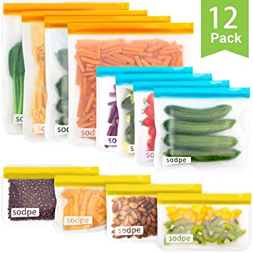 Reusable Storage Bags, SODPE BPA FREE Freezer Bag, 4extra big lunch bag, 4 big sandwich bags and 4 snack bags Seal Zip lock Bag Eco-friendly leakproof Lunch Bag for food storage organization,12 Packs