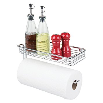 mDesign Paper Towel Holder with Shelf for Kitchen, Laundry, Garage - Wall Mount, Chrome