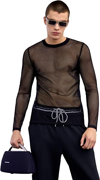 DIDK Men's Sheer Mesh Tee Shirt See Through Long Sleeve Crew Neck Muscle T Shirt Tops