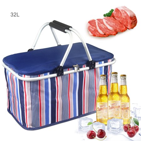 32L Large Family Size Picnic Insulated Bag, Oumers BBQ Meat Drinks Cooler Bag Ultra-size Folding Collapsible Basket for Holidays Parties Outdoor Travel , Picnic, Grill - Blue