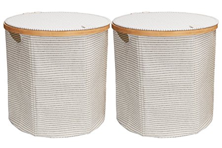 StorageWorks Cotton Cylindric Pop-up Storage Basket, Foldable Hamper Organizer, White with Black Stripe, Medium, 2-Pack