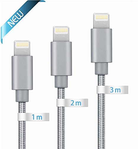 iPhone Cable iPhone Charger, Globalink (TM) Lightning to USB Cable, 3Pack 1M 2M 3M Premium Nylon Braided USB Sync Wire for Apple iPhone, Extra Long Charging Cord for iPhone 7 7Plus SE 6 6s 6 Plus 6s Plus 5c 5s 5, iPad Pro Air Mini, iPod Nano Touch (Grey)