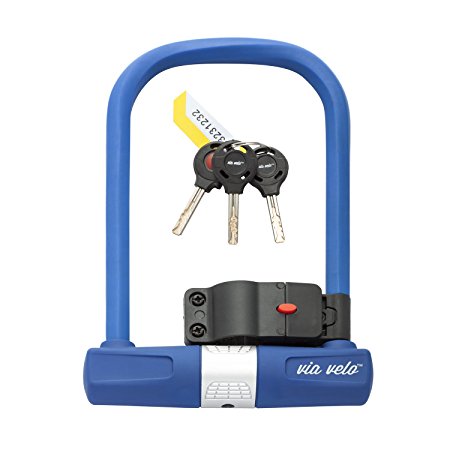 Via Velo Bicycle U-Lock BLUE with Hexagonal PVC Cover, Mounting Bracket and 3 Multi-Function Keys