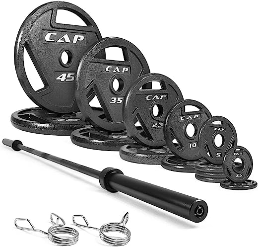 WF Athletic Supply 290lb & 300lb & 555lb 2-Inch Olympic Grip Plates Set with 7 ft. Olympic Barbell, Great for Strength Training, Weightlifting, Bodybuilding & Powerlifting