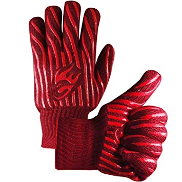 EvridWear 932°F Extreme Heat and Cut Resistant BBQ Gloves Oven Mitts, Non-slip Silicone Coated Pot Holders for Cooking, Baking, Grilling, Camping, Fireplace and Microwave (One Size, Red)