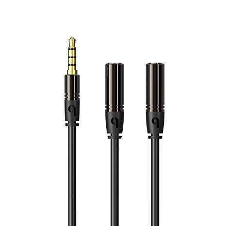 PlugLug - 3.5mm Audio Splitter Cable (Black) 3.5mm Male to two Port 3.5mm Female - Compatible with iPhone, Samsung, LG Smartphones, Tablets, MP3 players, Bluetooth Speakers, and with Mic function