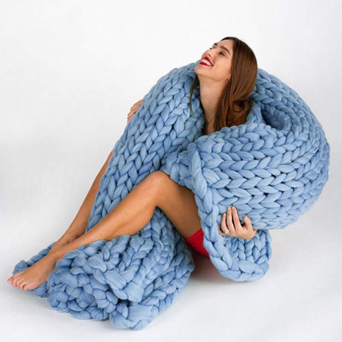 incarpo Chunky Knit Blanket Handwoven Wool Yarn Knitting Throw Bed Sofa Super Warm Home Decor Denim Blue 40"x59"