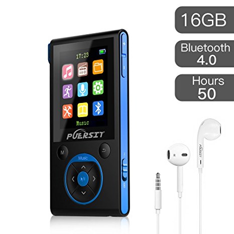 16GB MP3 Player,HiFi Bluetooth MP3 Player 50 Hours Playback Portable Music Player Lossless Sound Media Player By Puersit (Black Blue)