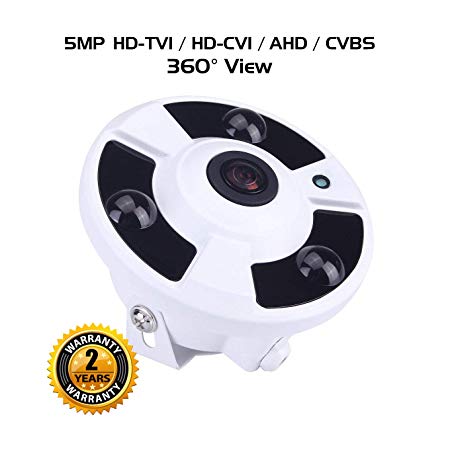 Ares Vision 4 in 1 5MP AHD/TVI/CVI/Analog Fish-Eye 180 Degree Super Wide View Camera w/IR Night Vision, Adjustable Mount