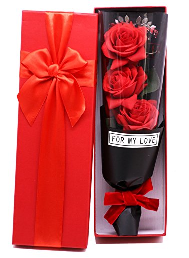 Langxun Red Silk Artificial Rose Flower Gifts for Women | Ideal Birthday Gifts, Valentine's Day Gifts, Mother's Day Gifts and Wedding Gifts ( 3pcs,Red )
