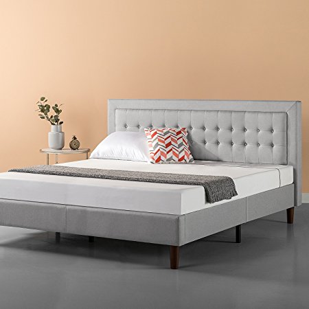 Zinus Upholstered Button Tufted Premium Platform Bed / Strong Wood Slat Support / Grey Sand, King