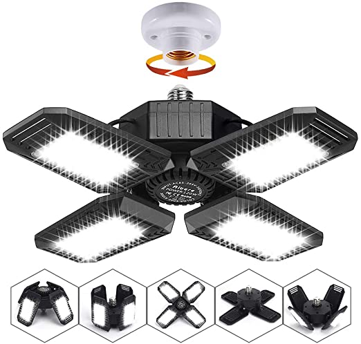 120W LED Garage Lights, 12000LM Garage Lights Ceiling LED, Best for Garage, Workshop, E26/E27 Base, CRI 85, 6500K Four-Leaf Deformable LED Garage Lighting Fixture with Adjustable Multi-Position Panels