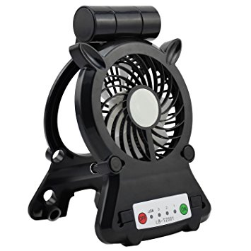 Rechargeable USB Desk Fan, 2200mAh Battery Powered Fan with 3 Speeds, 1 LED Light and Foldable Stand Holder, Cooling Pad and Power Bank for Cell Phones, Tablets (Black)