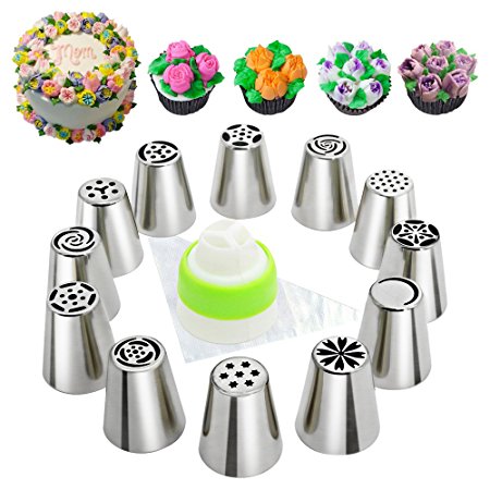 Russian Piping Tips, 24pcs Cake Decorating Baking Tips sets(12 Icing Nozzles - 11 Pastry Disposable Bags & Coupler) Extra Large Decoration Kit - Best Kitchen Gift