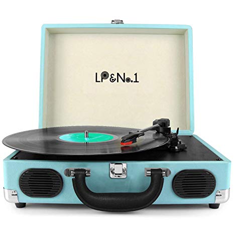 LP&No.1 Suitcase Turntable for Vinyl Records with Speakers, Stereo Record Player for Original Soundtrack with 3-Speed Blue