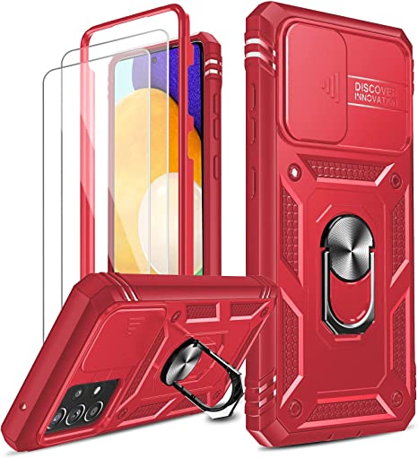 Samsung A52 Case, Galaxy A52 5G Case with Slide Camera Cover   [2 Pack] HD Screen Protector, LeYi 360 Full Body Protective Phone Case with Kickstand for Samsung Galaxy A52 5G, Red