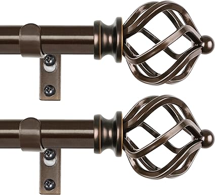 KAMANINA 2 Pack Curtain Rods 32 to 86 Inches (2.6-7.1ft), 3/4 Inch Curtain Rods for Windows Splicing Adjustable Single Drapery Rod with Twisted Cage Finial, for Indoor and Outdoor, Antique Bronze