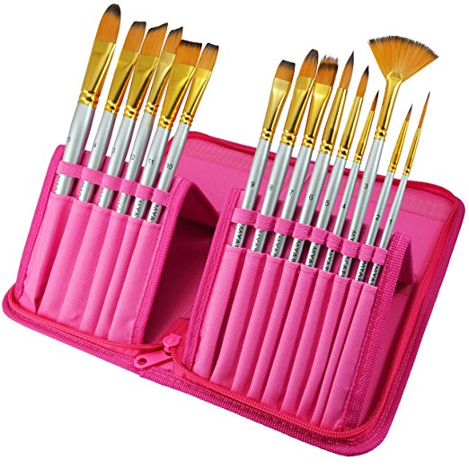 Paint Brushes - 15 Pc Art Brush Set for Watercolor, Acrylic, Oil & Face Painting | Short Handle Artist Paintbrushes with Travel Holder & Free Gift Box | 1 Year Warranty (Hot Pink)
