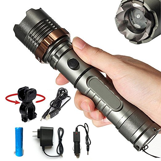 GWH 1000 Lumen CREE XML T6 LED Flashlight Zoomable Tactical Torch Light 5 Mode Camping Lamp with Battery Charger Bike Holder