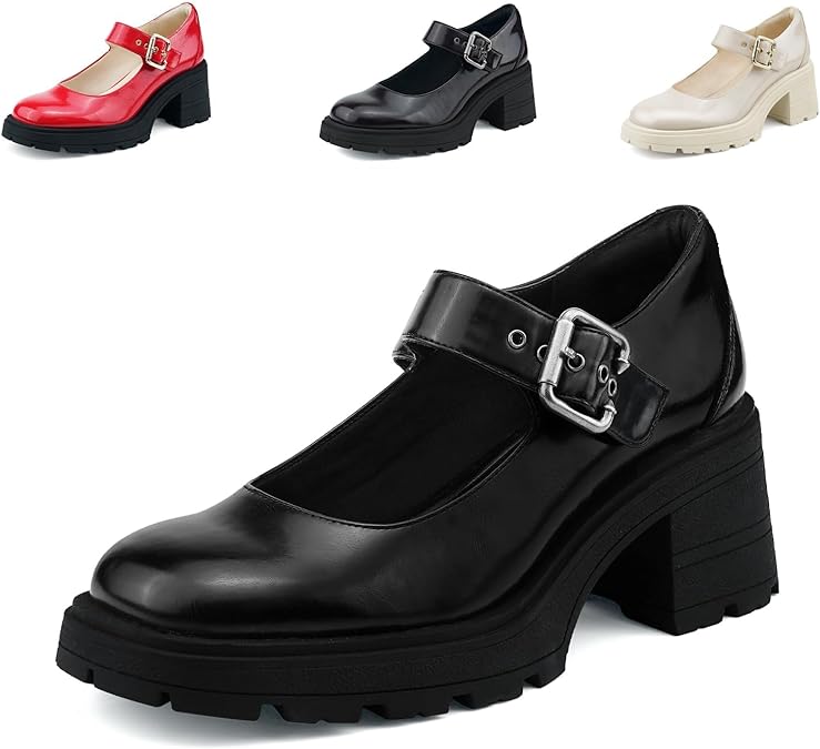 JENN ARDOR Women's Chunky Block Heels Mary Jane Round Closed Toe Ankle Buckle Strap Comfortable Low Platform Gothic Work Shoes Dress Wedding Pumps