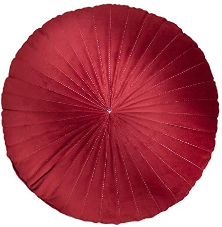 YunNasi Round Velvet Throw Pillow Pleated Pumpkin Pillow Chair Cushion Floor Pillow Decoration for Home Sofa Bed Bay Window Car 15x15x4 Inch (Red)