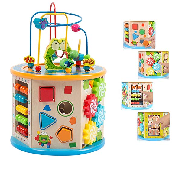 Jamohom Kids Activity Cube Wooden Bead Maze Shape Sorter Multi-Function 8 in 1 Educational Toys for Toddlers Gift（Small Size