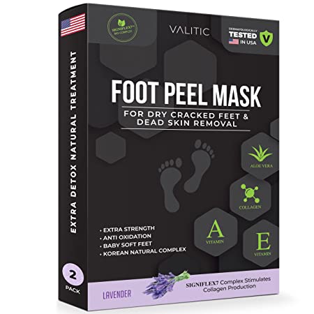 Foot Peel Mask - 2 Pairs (4 Units) for Dry Cracked Feet and Dead Skin Removal - Natural Korean SIGNIFLEX7 Complex Stimulate Collagen Production - Vitamin E Aloe Vera - Callus Remover - Men & Women