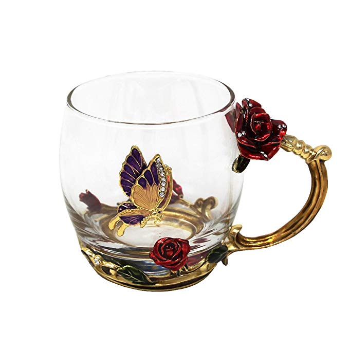 Teacup, Glass Coffee Mug, Handmade Enamel Butterfly Rose,12 oz, Perfect Gift Box Package
