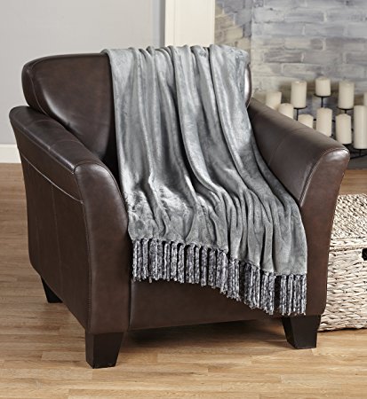 Raya Collection Ultra Velvet Plush Super Soft Blanket in Solid Colors. Lightweight, Warm Throw Blanket with Decorative Fringe. By Home Fashion Designs. (Steel Grey)