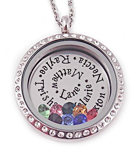 Name and Birthstone Floating Charm Locket - Hand Stamped Spiral Necklace