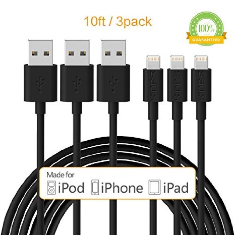 Apple MFi Certified Lightning Cable 3 Pack- Kinps 10ft3m Extra Long 8 pin Lightning Sync and Charge Cable with Compact Connector for iPhone iPod and iPad 10FT-Black-3pack