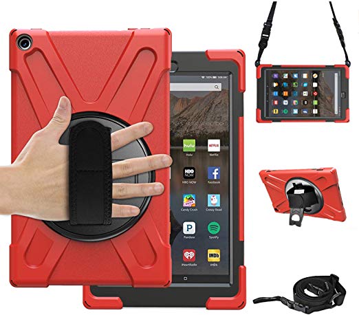 Fire HD 10 Tablet Case with Handle, SIBEITU High Impact Rugged Shockproof Dustproof Protective Case with 360 Degree Kickstand, Hand & Shoulder Strap for Amazon Kindle Fire HD 10.1 Inch 2019/2017 Red