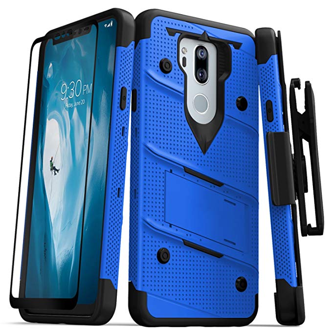 Zizo Bolt Series Compatible with LG G7 ThinQ Case Military Grade Drop Tested with Tempered Glass Screen Protector, Holster, Kickstand Blue Black