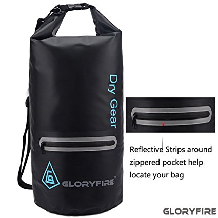 GLORYFIRE Dry Bag 20L Waterproof Roll Top Sack with Exterior Zip Pocket for Beach Boating Diving Sailing Kayaking Outdoor Activities Dry Sack with Shoulder Strap Reflective Strip for Your Safety