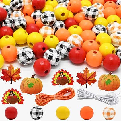 156PCS Thanksgiving Wood Beads, Thanksgiving Fall Farmhouse Wooden Beads with Pumpkin Maple Leaf Turkey Pendant, Plaid Round Wood Beads for Thanksgiving Party, Home Decor, DIY Crafts Jewelry Making
