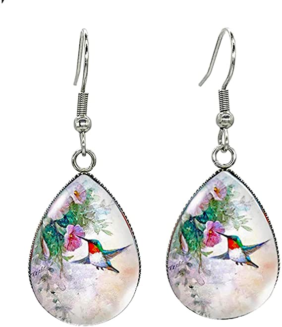 Earrings / Hummingbird Tear drop Earring Glass Dome Photo Jewelry Bird Art Earrings
