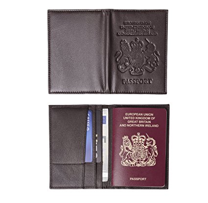 Genuine Leather United Kingdom Passport Cover, Holder, Case, and Wallet with the United Kingdom Royal Coat of Arms (Vintage Brown)