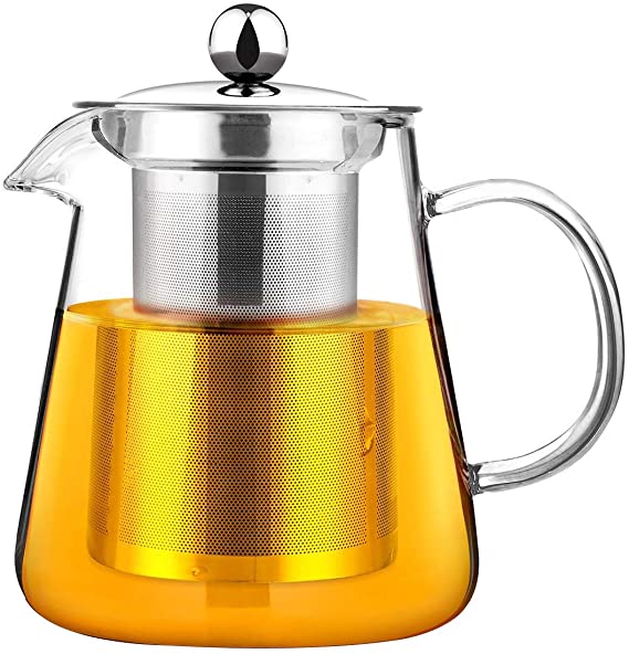 Awon GYBL049 Premium Borosilicate Glass Teapot Kettle - Tea Pot and Tea Strainer Set with Stainless Steel Infuser & Lid (40 oz)