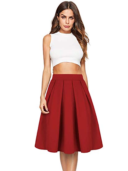 Beluring Womens High Waist Flared Midi Skirts with Pockets
