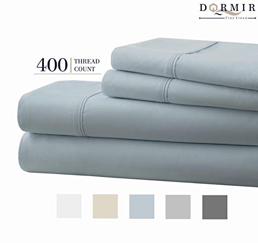 Dormir 400 Thread Count 100% Cotton Sheet Blue Queen Sheets Set, 4-Piece Long-Staple Combed Cotton Best Sheets for Bed, Breathable, Soft & Silky Sateen Weave Fits Mattress Upto 18'' Deep Pocket