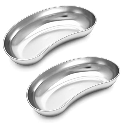 QWORK 2Pcs 8" Stainless Steel Kidney Tray, Kidney Shaped Emesis Basin, Dental Lab Instruments Surgical Trays, Reusable Metal Kidney Dish,for Soiled Dressings, Medic Waster