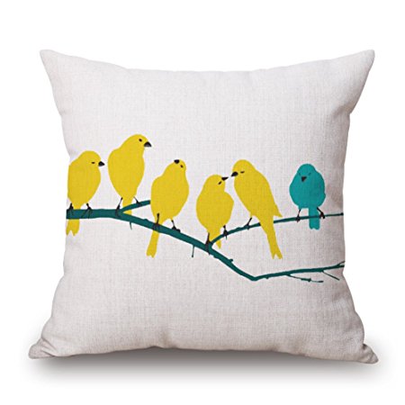GAXmi Bright Natural Print Cotton Linen Throw Pillow Yellow Birds