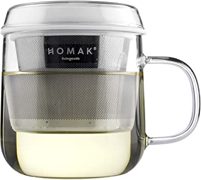 HOMAK - Tea/Coffee Glass Mug with Stainless Steel Infuser and Lid, Superb Double-Layer Strainer, for Loose Tea or Coffee Powder - Large (420ml / 14oz) (Single Walled Glass, White)
