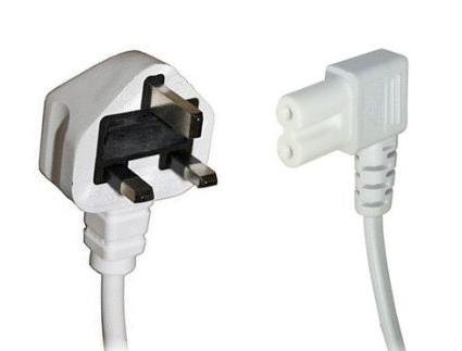 White 3m Mains Power Cable / Lead by electrosmart® ~ 3 Pin Moulded UK Plug to Right Angled IEC C7 Figure 8